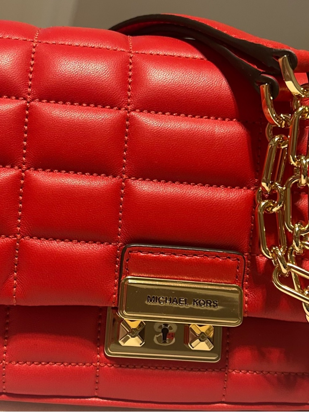 Michael Kors Quilted Red Leather Crossbody with Gold Chain Trim